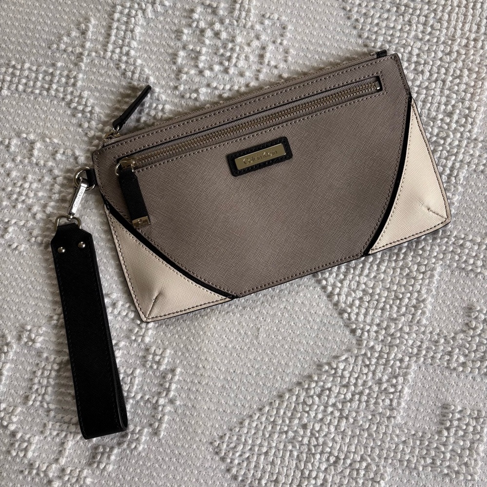 Calvin Klein gray and white color block wristlet clutch with zipper closure